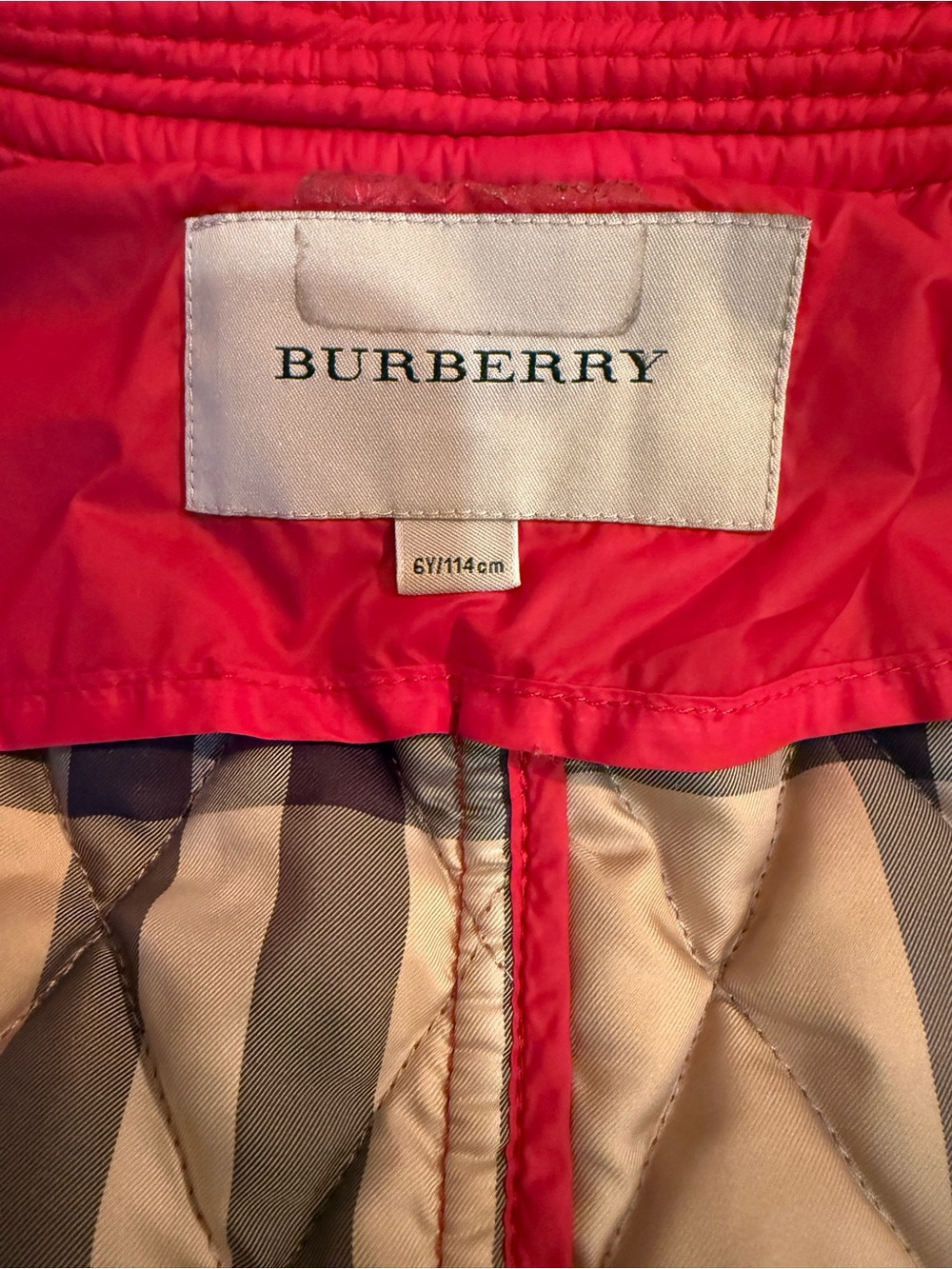 Burberry Red Quilted Puffer Jacket with Signature Check Lining